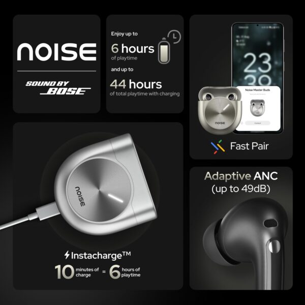 Noise Master Buds, Sound by Bose in-Ear Bluetooth Earbuds, Up to 49dB Adaptive ANC, LHDC 5.0, Immersive Spatial Audio, 44H Playtime with 6 mic ENC, Dual Pairing, IPX5 Ear Buds TWS (Onyx) - Image 4