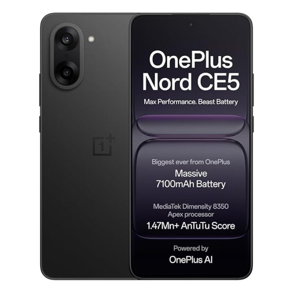 OnePlus Nord CE5 | Massive 7100mAh Battery | MediaTek Dimensity 8350 Apex | Powered by OnePlus AI | 8GB + 256GB | Black Infinity