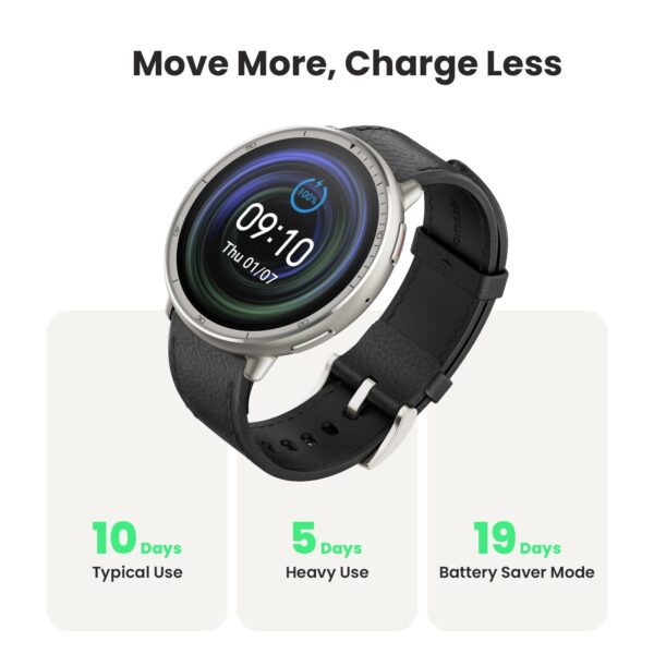 Amazfit Active 2 Premium 44mm Smart Watch, Sapphire Glass Display, Free Silicon Strap in Box, Built in GPS, 10day Battery, 5ATM, for iOS & Android, 2000 Nits Bright, 160+ Sports Mode, Black Leather - Image 3