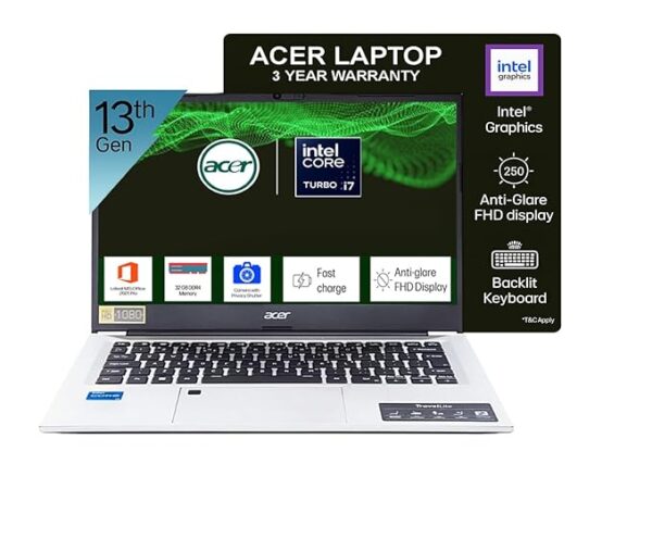 acer Professional 14[New Launch], 13th Gen Intel Core i7-1355U Turbo Boost, 32GB DDR4, 1TB SSD, Win11 Pro, MSO21, 14inch FHD Laptop, 3 Year Warranty, Metal ID, Fingerprint, Backlit KB, Silver, 1.34kg