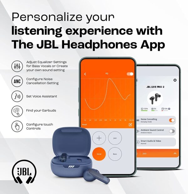 JBL Live Pro 2 Premium in Ear Wireless TWS Earbuds, ANC Earbuds, 40Hr Playtime, Dual Connect, Customized Bass with Headphones App, 6 Mics for Clear Calls, Wireless Charging, Alexa Built-in (Blue) - Image 5
