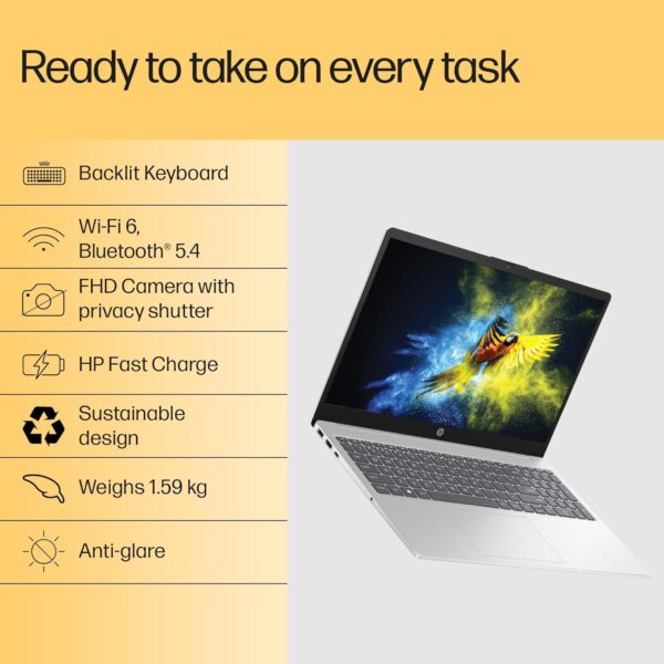 HP 15, AMD Ryzen 7 5825U (16GB DDR4, 512GB SSD) FHD, Anti-Glare, Micro-Edge,15.6''/39.6cm, Win11, M365(1yr)* Office24, Silver, 1.59kg, fc0476AU, Radeon Graphics, FHD Camera w/Shutter, Backlit Laptop - Image 4