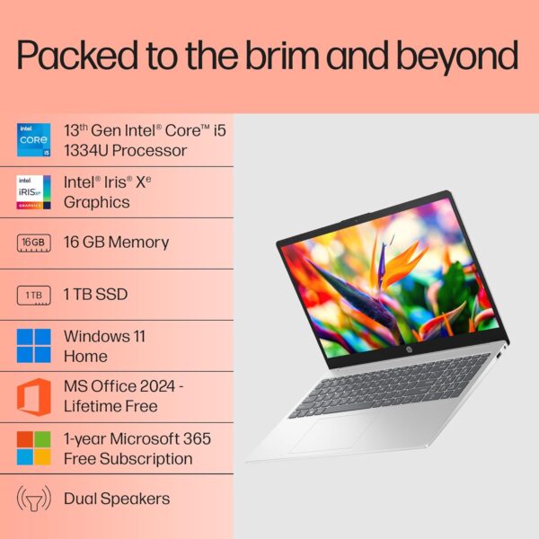 HP 15, 13th Gen Intel Core i5-1334U (16GB DDR4, 1TB SSD) FHD, Anti-Glare, Micro-Edge, 15.6''/39.6cm, Win11, M365(1yr)* Office24, Silver, 1.59kg, FD0552TU, Iris Xe, FHD Camera w/Shutter, Backlit Laptop - Image 3