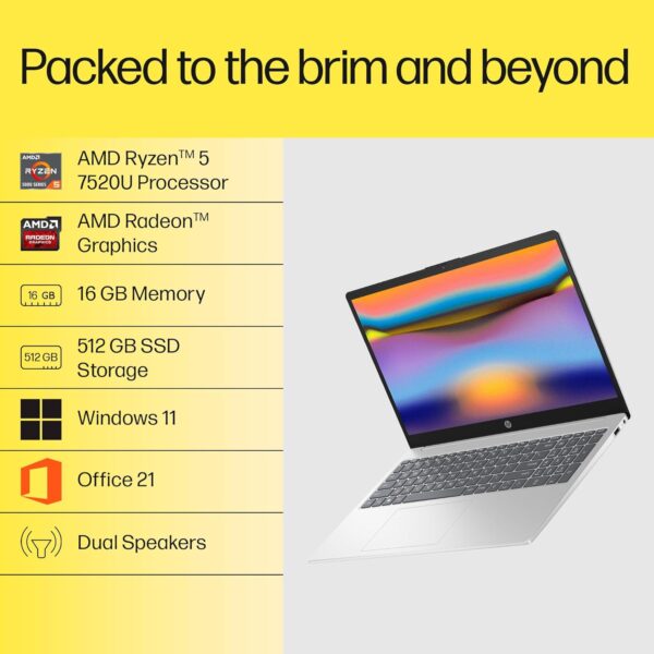 HP 15, AMD Ryzen 5 7520U, 16GB DDR5, 512GB SSD, (Win 11, Office 21, Silver, 1.59kg), Anti-Glare, Micro-Edge, 15.6-inch(39.6cm), FHD Laptop, AMD Radeon Graphics, 1080p FHD Camera, Backlit KB, fc0156AU - Image 2