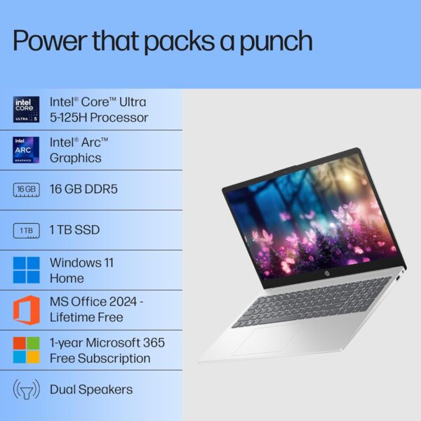 HP 15,Intel Ultra 5 125H (16GB DDR5, 1TB SSD) FHD, IPS, 15.6''/39.6cm, Win11, M365 Basic(1yr)*Office24, Silver, 1.65kg, fd1255tu, Intel Arc Graphics, FHD Camera w/Shutter, AI Powered Laptop - Image 3