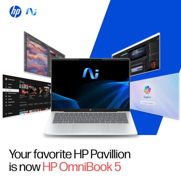 HP OmniBook 5 OLED (Previously Pavilion), Snapdragon X Processor (16GB LPDDR5x, 512GB SSD) 2K, 14''/35.6cm, Win11, M365 Basic(1yr)* Office24, Silver, 1.35kg, he0014QU, Light-Weight, Next-Gen AI Laptop - Image 2