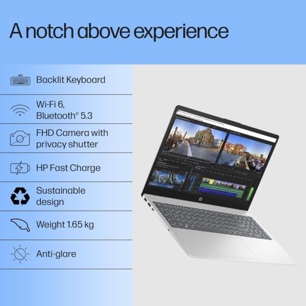 HP 15,Intel Ultra 5 125H (16GB DDR5, 1TB SSD) FHD, IPS, 15.6''/39.6cm, Win11, M365 Basic(1yr)*Office24, Silver, 1.65kg, fd1255tu, Intel Arc Graphics, FHD Camera w/Shutter, AI Powered Laptop - Image 5
