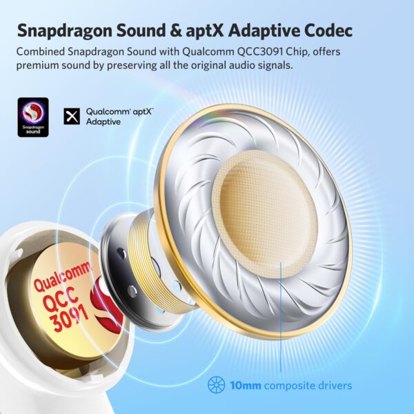 EarFun Air Pro 4 Hybrid Adaptive Noise Canceling Wireless Earbuds Bluetooth,2024 VGP Award,Qualcomm Snapdragon Sound, aptX™ Lossless, 6 Mics AI CVC Call, LDAC Hi-Res Audio,52H Playtime,Glossy White - Image 3