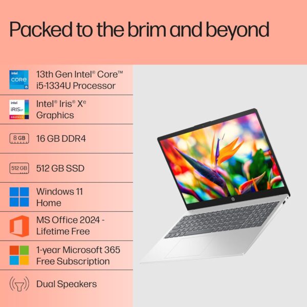 HP 15, 13th Gen Intel Core i5-1334U Laptop (16GB DDR4,512GB SSD) Anti-Glare, Micro-edge,15.6''/39.6cm, FHD, Win11,M365,Office24, Silver,1.59kg, Iris Xe Graphics, FHD Camera w/privacy shutter, fd0577TU - Image 2