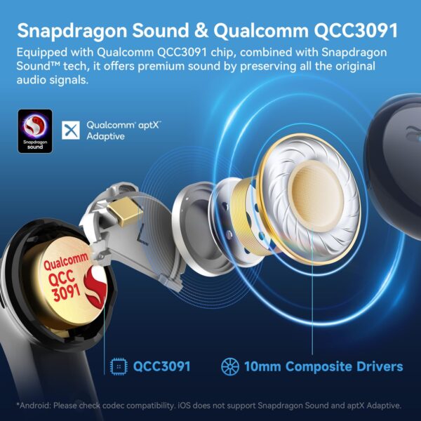 EarFun Air Pro 4 Hybrid Adaptive Noise Canceling Wireless Earbuds Bluetooth, 2024 VGP Award, Qualcomm Snapdragon Sound, aptX™ Lossless, 6 Mics AI Call, LDAC Hi-Res Audio, BT5.4, 52H, Sliver Black - Image 3