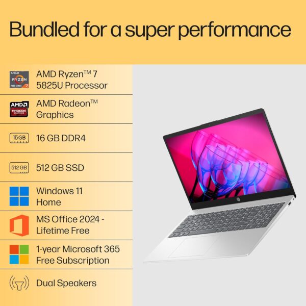 HP 15, AMD Ryzen 7 5825U (16GB DDR4, 512GB SSD) FHD, Anti-Glare, Micro-Edge,15.6''/39.6cm, Win11, M365(1yr)* Office24, Silver, 1.59kg, fc0476AU, Radeon Graphics, FHD Camera w/Shutter, Backlit Laptop - Image 3