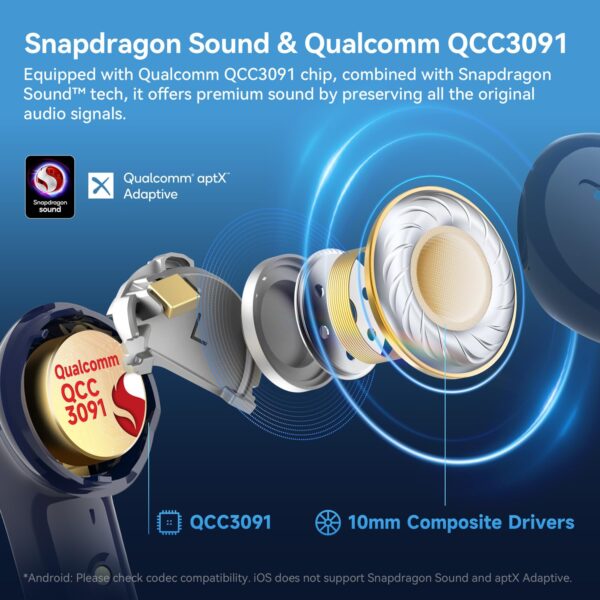 EarFun Air Pro 4 Hybrid Adaptive Noise Canceling Wireless Earbuds Bluetooth,2024 VGP Goal Award,Qualcomm Snapdragon Sound, aptX™ Lossless, 6 Mics AI CVC Call, LDAC Hi-Res Audio,52H Playtime,Deep Blue - Image 3