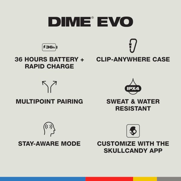 Skullcandy Dime Evo True Wireless Earbuds – 36Hr Battery, Rapid Charge, Preset EQ Modes (Music/Bass/Podcast), Multipoint Pairing, Stay-Aware Mode, IPX4 Water Resistant (Bone/Orange) - Image 2