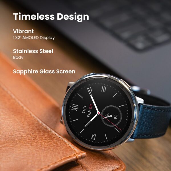 Amazfit Active 2 Premium 44mm Smart Watch, Sapphire Glass Display, Free Silicon Strap in Box, Built in GPS, 10day Battery, 5ATM, for iOS & Android, 2000 Nits Bright, 160+ Sports Mode, Black Leather - Image 2