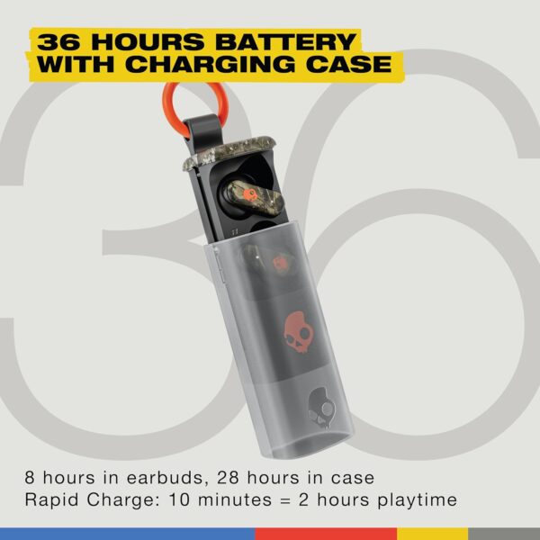 Skullcandy Dime Evo Wireless Earbuds, Bluetooth Headphones, Noise Isolating Fit, Up to 36 Hours Battery, Microphone, Easy Carry with Clip-Anywhere Case - Realtree APX Black/Orange - Image 2