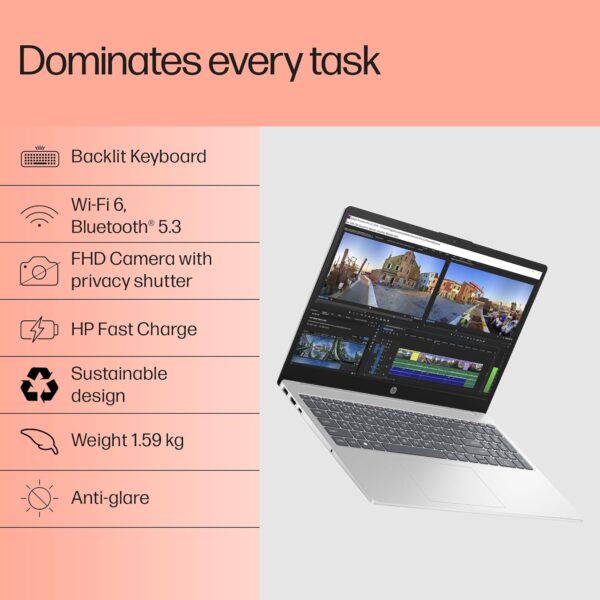 HP 15, 13th Gen Intel Core i5-1334U Laptop (16GB DDR4,512GB SSD) Anti-Glare, Micro-edge,15.6''/39.6cm, FHD, Win11,M365,Office24, Silver,1.59kg, Iris Xe Graphics, FHD Camera w/privacy shutter, fd0577TU - Image 3