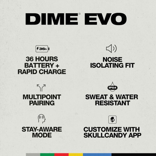 Skullcandy Dime Evo Wireless in Ear Earbuds – 36Hr Battery, Rapid Charge, Multipoint Pairing, Auto Connect, Stay-Aware Mode, Preset EQ Modes (Music/Bass/Podcast) – Black - Image 2