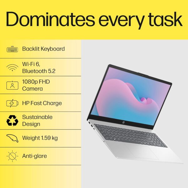 HP 15, AMD Ryzen 5 7520U, 16GB DDR5, 512GB SSD, (Win 11, Office 21, Silver, 1.59kg), Anti-Glare, Micro-Edge, 15.6-inch(39.6cm), FHD Laptop, AMD Radeon Graphics, 1080p FHD Camera, Backlit KB, fc0156AU - Image 3