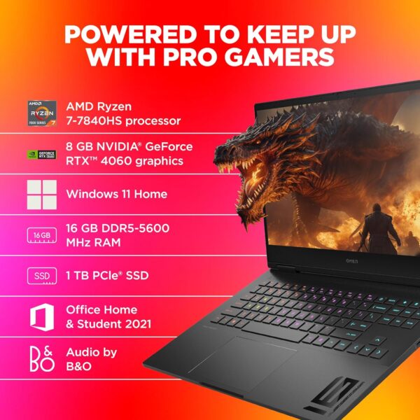 HP Smartchoice Omen AMD Ryzen 7 7840Hs, 8GB RTX 4060 (16GB DDR5, 1TB SSD) FHD, 165Hz, 300Nits, IPS, 16.1''/40.9cm, Win11, Office 21, Black, 2.32kg, Xd0020ax, RGB kb, Tempest Cooling, AI Gaming Laptop - Image 4