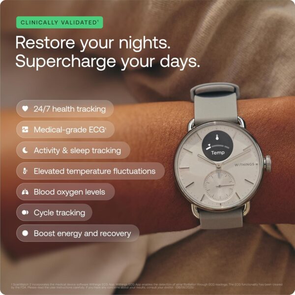 Withings ScanWatch 2, Heart Health Hybrid Smartwatch for Men & Women - ECG, with SPO2, Temperature Monitoring, Sleep, Respiratory Health, Cycle Monitoring, 30-Day Battery Life, iOS & Android - 38mm - Image 3