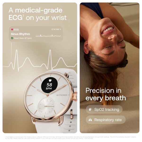 Withings ScanWatch 2, Heart Health Hybrid Smartwatch for Men & Women - ECG, with SPO2, Temperature Monitoring, Sleep, Respiratory Health, Cycle Monitoring, 30-Day Battery Life, iOS & Android - 38mm - Image 4